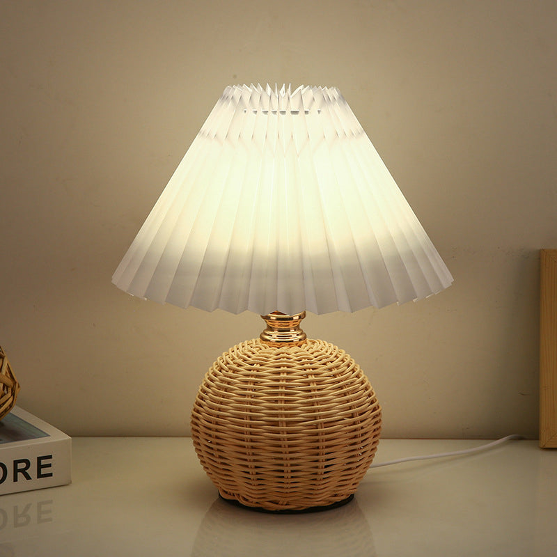 Nordic Rattan Pleated Fabric Conic LED Table Lamp 1-Light