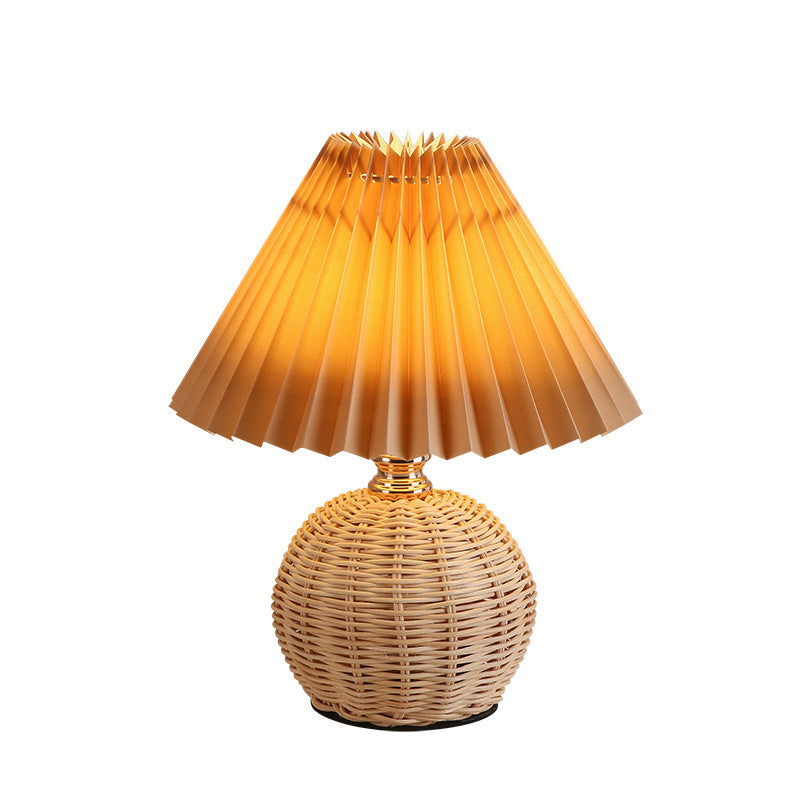 Nordic Rattan Pleated Fabric Conic LED Table Lamp 1-Light