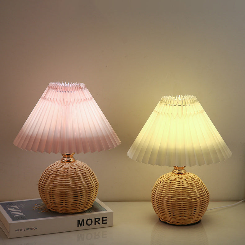 Nordic Rattan Pleated Fabric Conic LED Table Lamp 1-Light