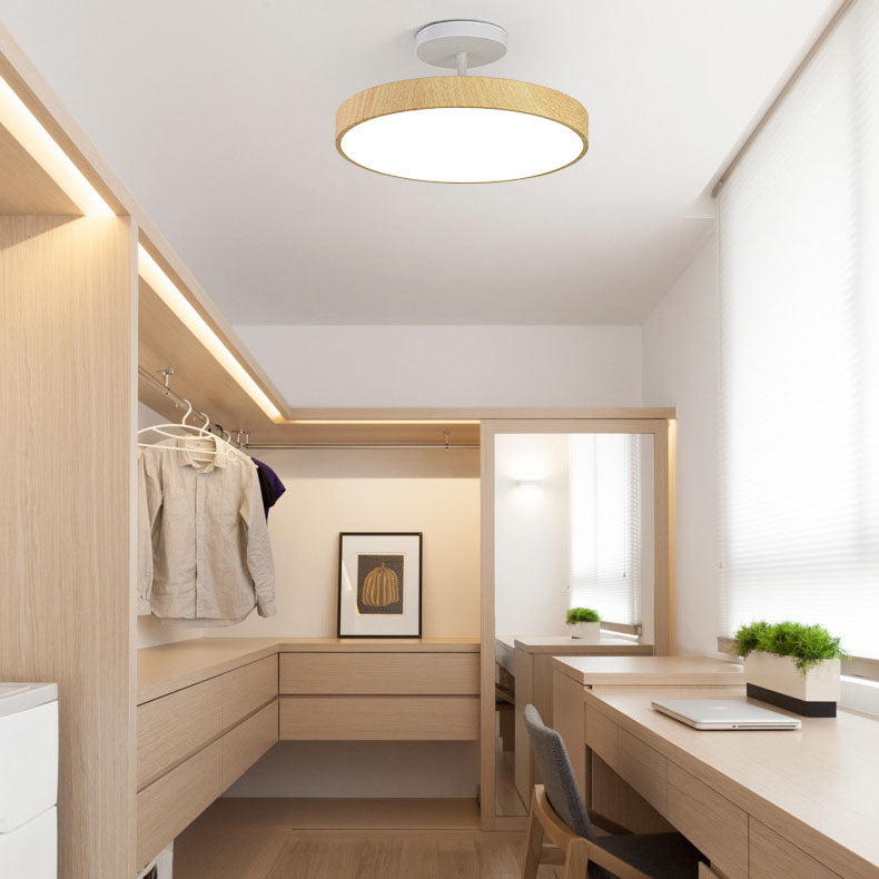 Japanese Wood Round LED Semi-Flush Mount Ceiling Light