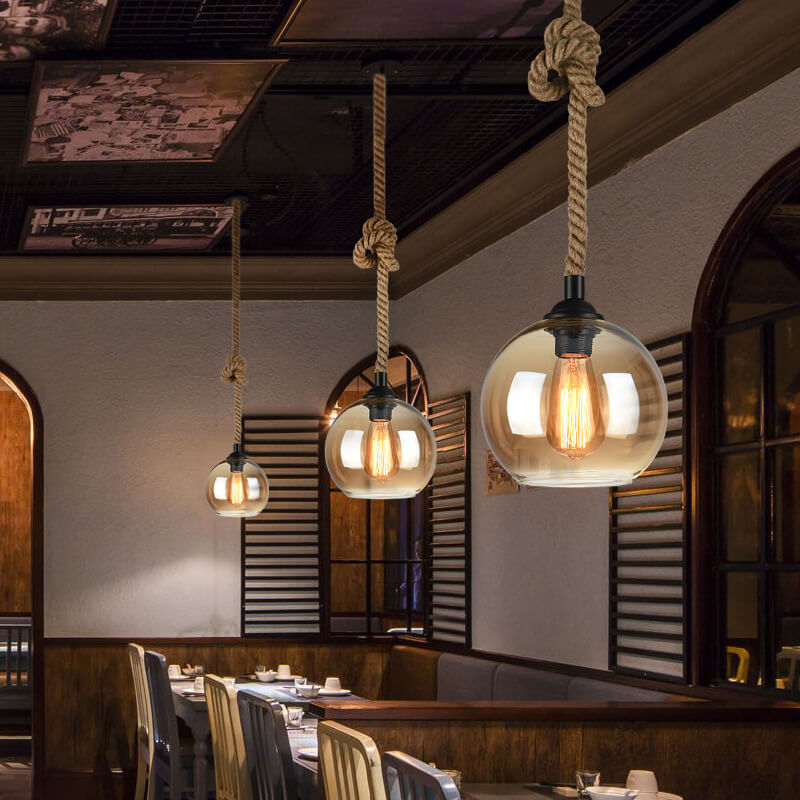 Retro Hemp Rope Glass Globe Pendant Light 1-light