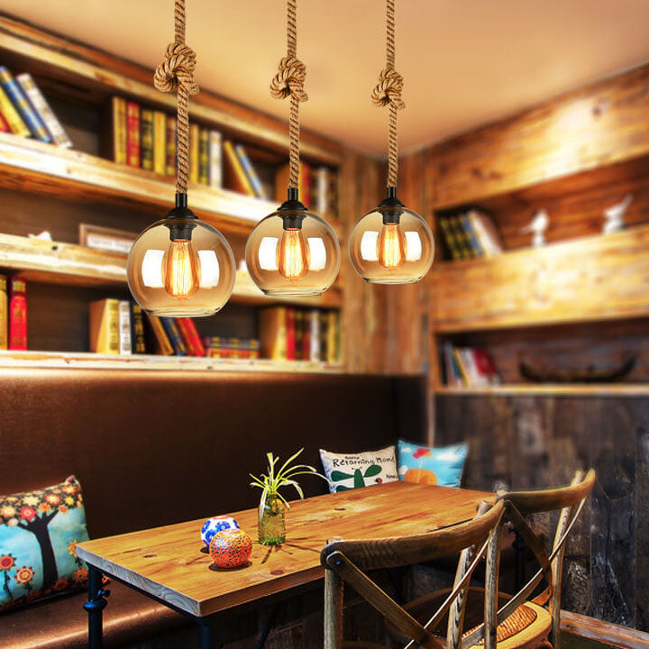 Retro Hemp Rope Glass Globe Pendant Light 1-light