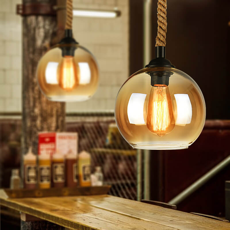 Retro Hemp Rope Glass Globe Pendant Light 1-light