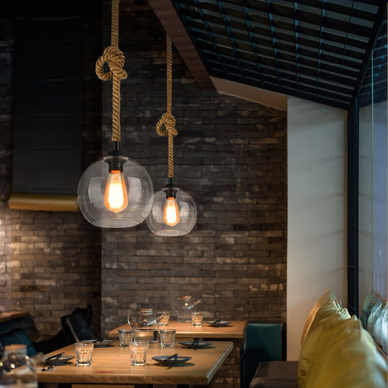 Retro Hemp Rope Glass Globe Pendant Light 1-light