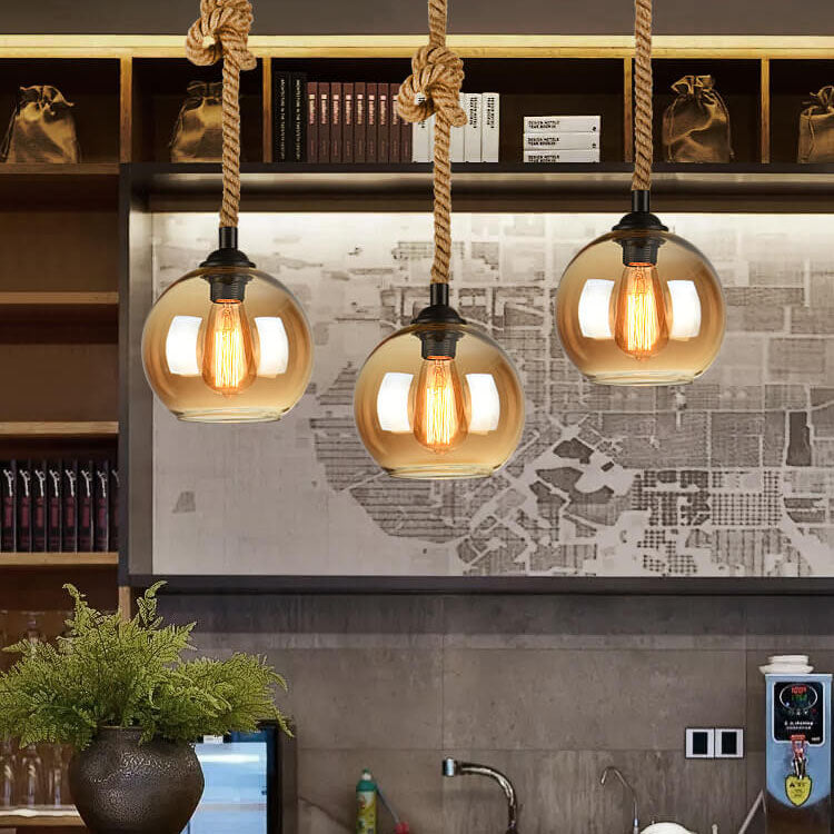 Retro Hemp Rope Glass Globe Pendant Light 1-light