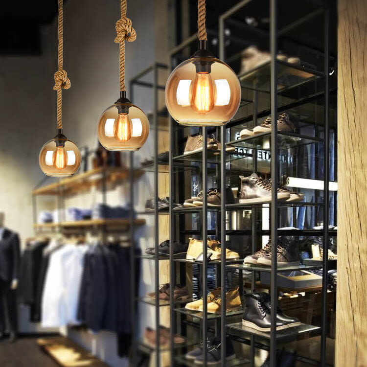 Retro Hemp Rope Glass Globe Pendant Light 1-light