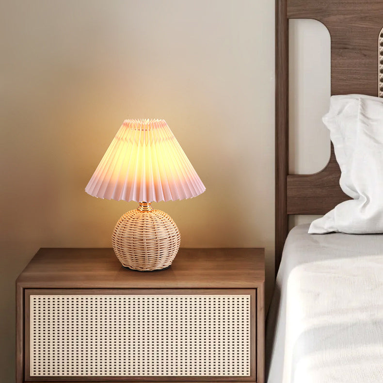 Nordic Rattan Pleated Fabric Conic LED Table Lamp 1-Light