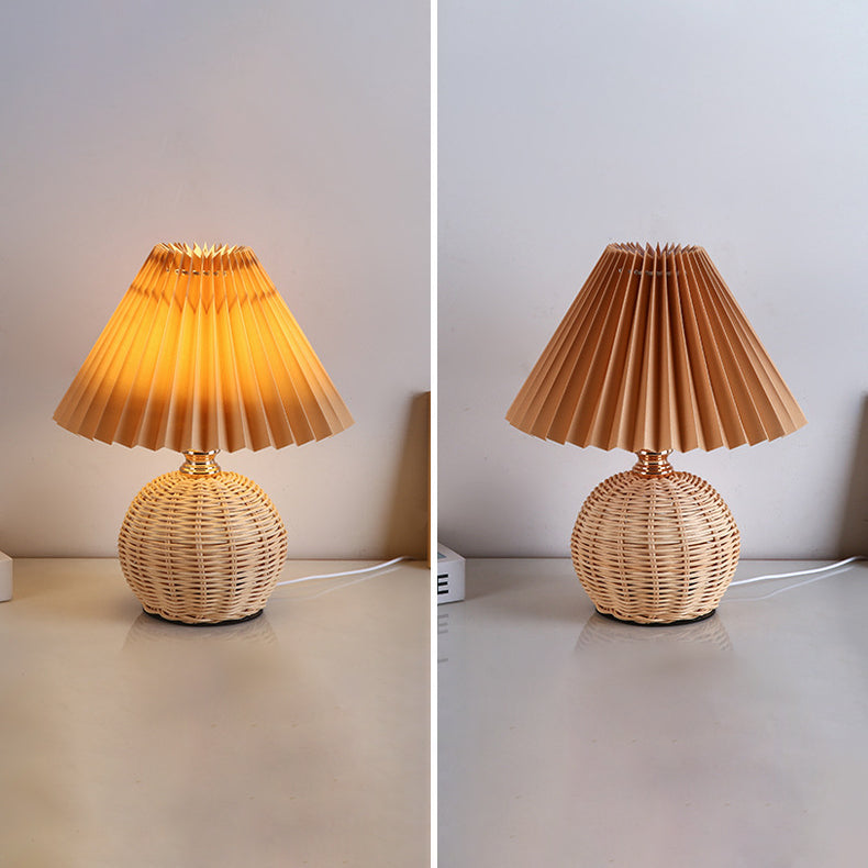 Nordic Rattan Pleated Fabric Conic LED Table Lamp 1-Light