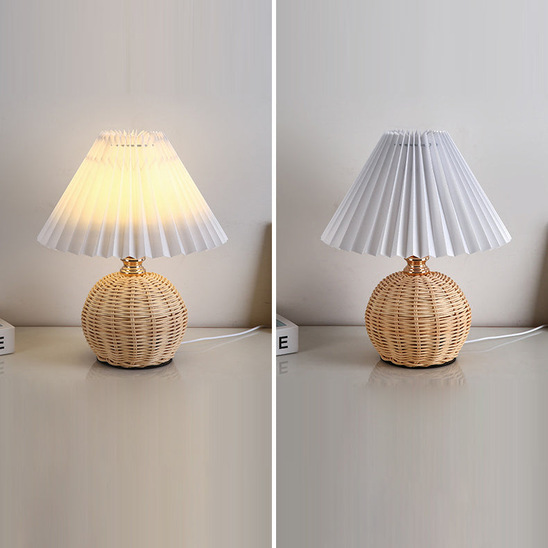 Nordic Rattan Pleated Fabric Conic LED Table Lamp 1-Light