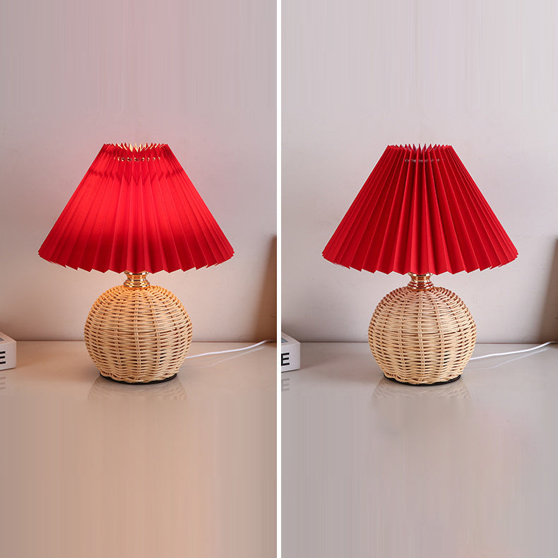 Nordic Rattan Pleated Fabric Conic LED Table Lamp 1-Light