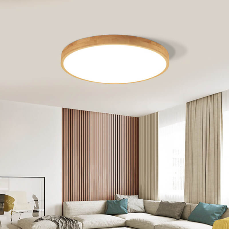 Nordic Solid Wood Round Ultra-thin LED Flush Mount Ceiling 1-Light