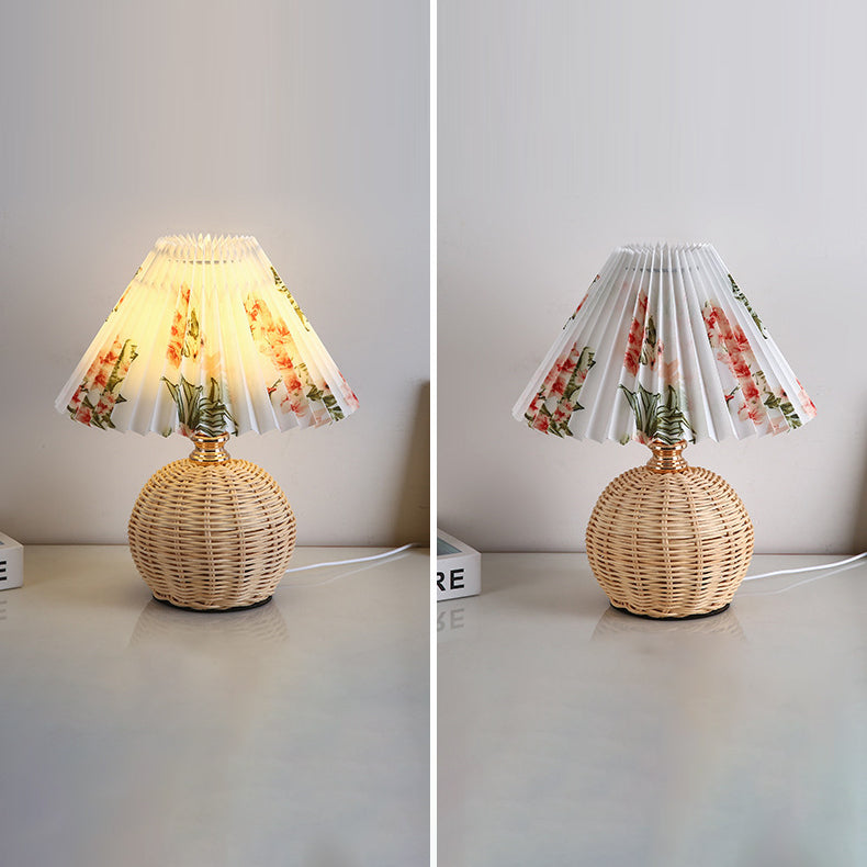 Nordic Rattan Pleated Fabric Conic LED Table Lamp 1-Light
