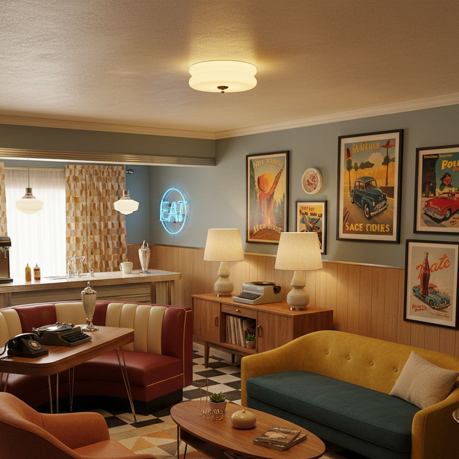 Art Deco Vintage Round Glass Ceiling Light 1-Light