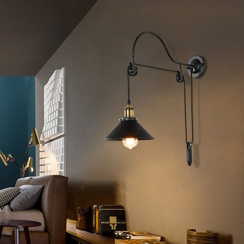 Retro Industrial Wrought Iron Pulley Wall Sconce 1-Light