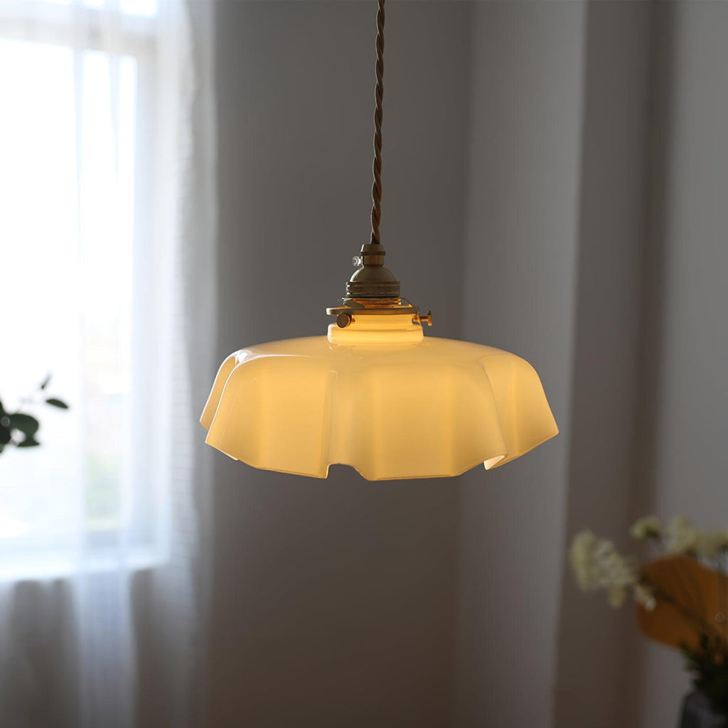 French Ruffled Glass Brass Pendant Light 1-Light