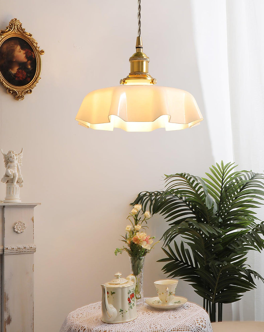French Ruffled Glass Brass Pendant Light 1-Light