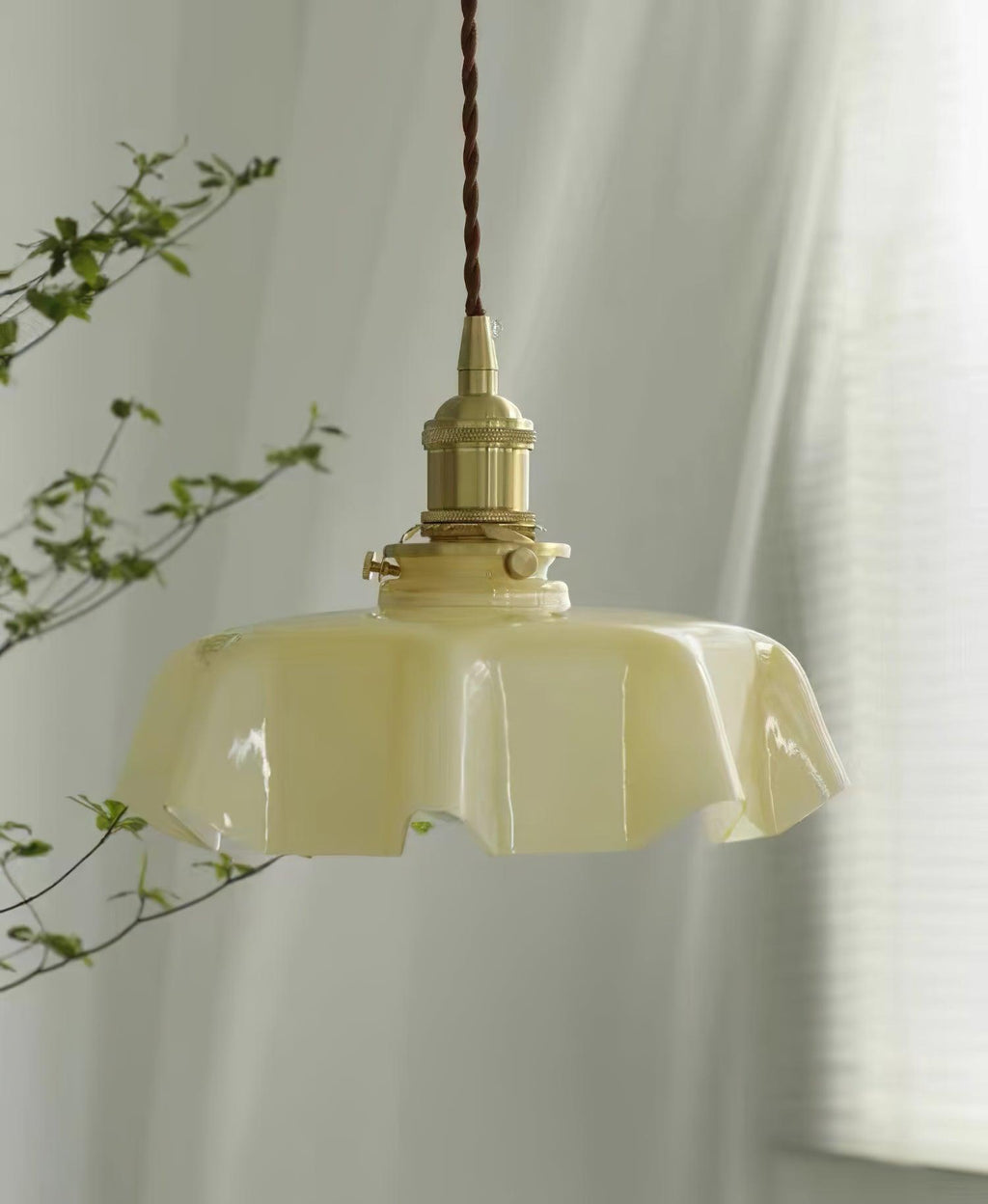 French Ruffled Glass Brass Pendant Light 1-Light