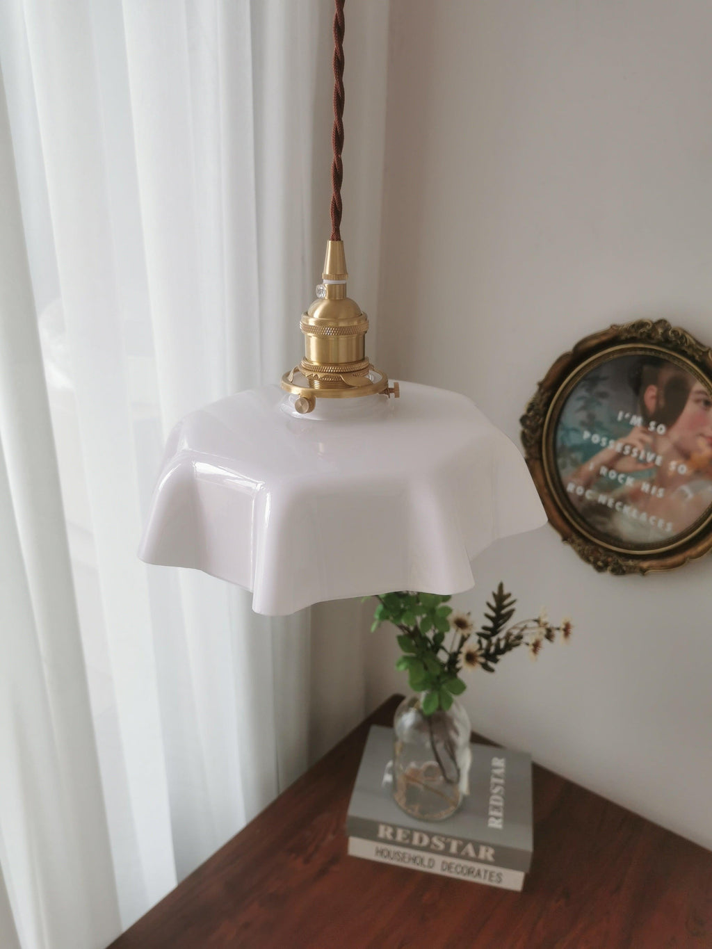 French Ruffled Glass Brass Pendant Light 1-Light