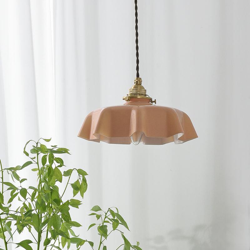 French Ruffled Glass Brass Pendant Light 1-Light