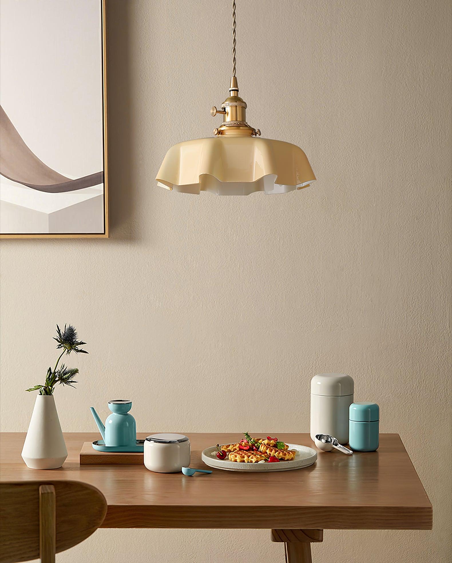 French Ruffled Glass Brass Pendant Light 1-Light