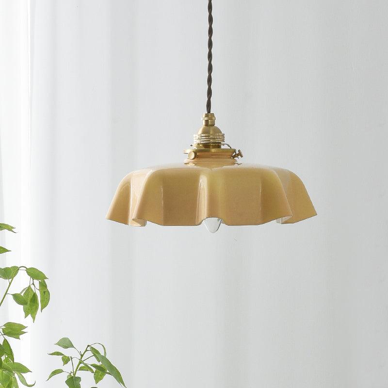 French Ruffled Glass Brass Pendant Light 1-Light