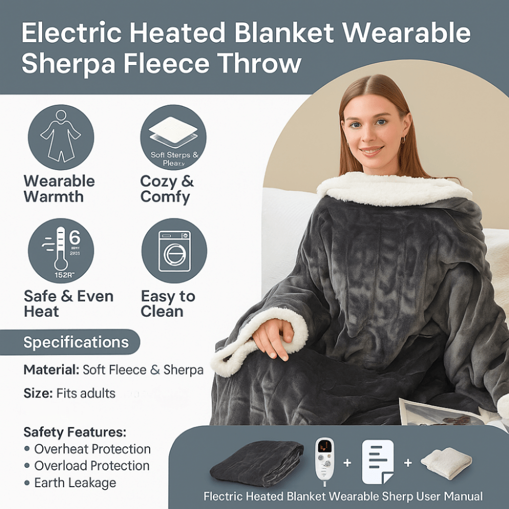 Electric Heated Blanket Wearable Sherpa Fleece Throw Adults
