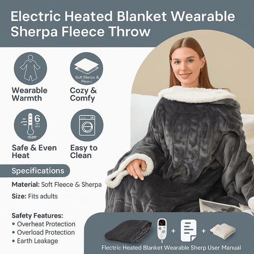Electric Heated Blanket Wearable Sherpa Fleece Throw Adults
