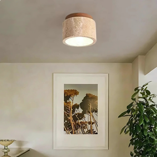 Elegant Travertine Ceiling Light Fixture with Wooden Accent – Japanese Design for Home Decor and Warm Ambient Lighting