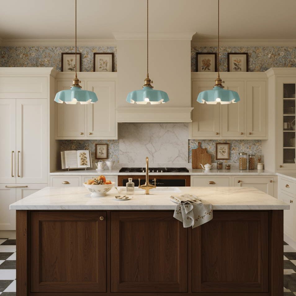 French Ruffled Glass Brass Pendant Light 1-Light