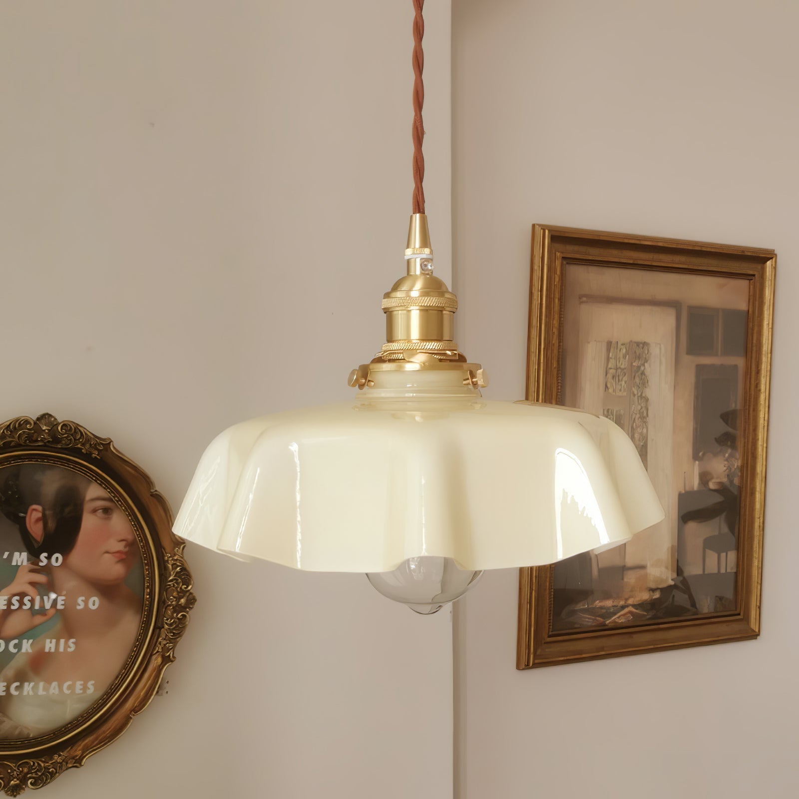 French Ruffled Glass Brass Pendant Light 1-Light