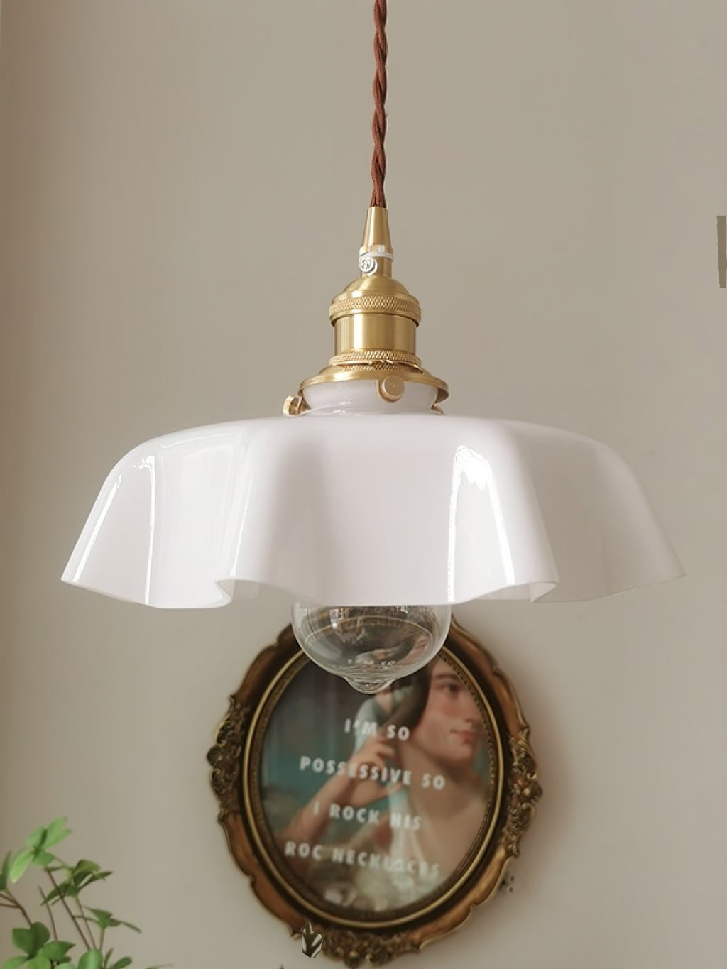 French Ruffled Glass Brass Pendant Light 1-Light