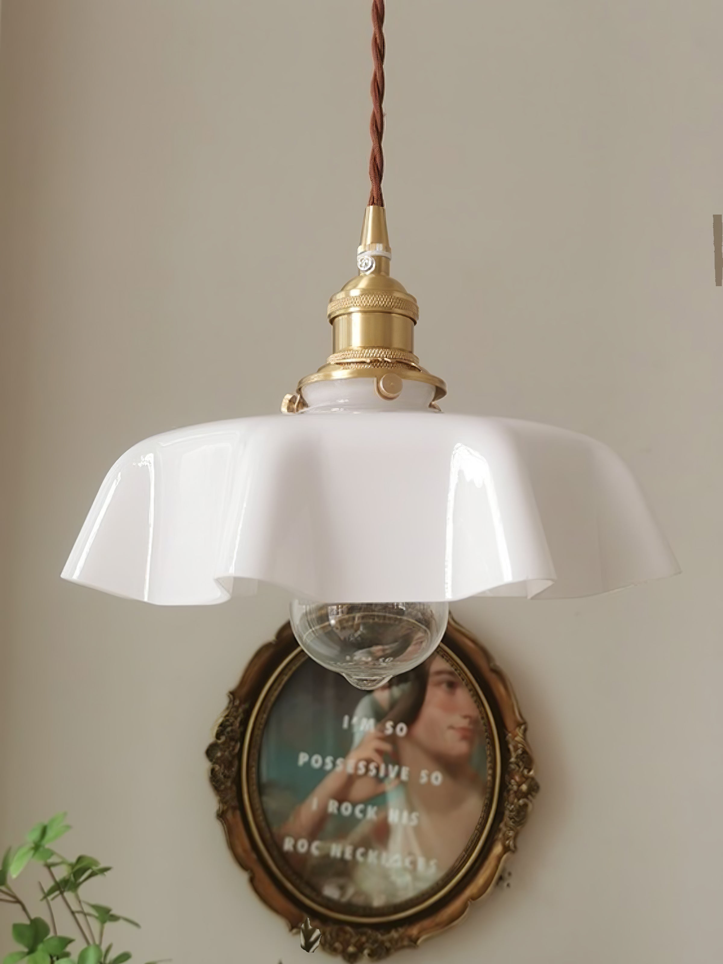 French Ruffled Glass Brass Pendant Light 1-Light