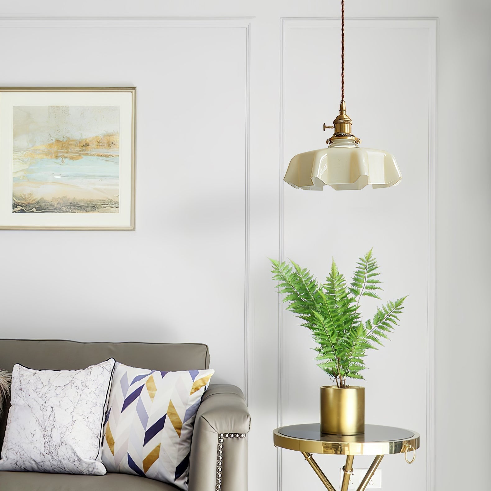 French Ruffled Glass Brass Pendant Light 1-Light