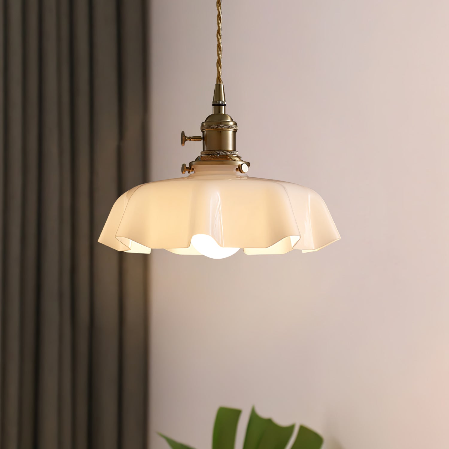 French Ruffled Glass Brass Pendant Light 1-Light