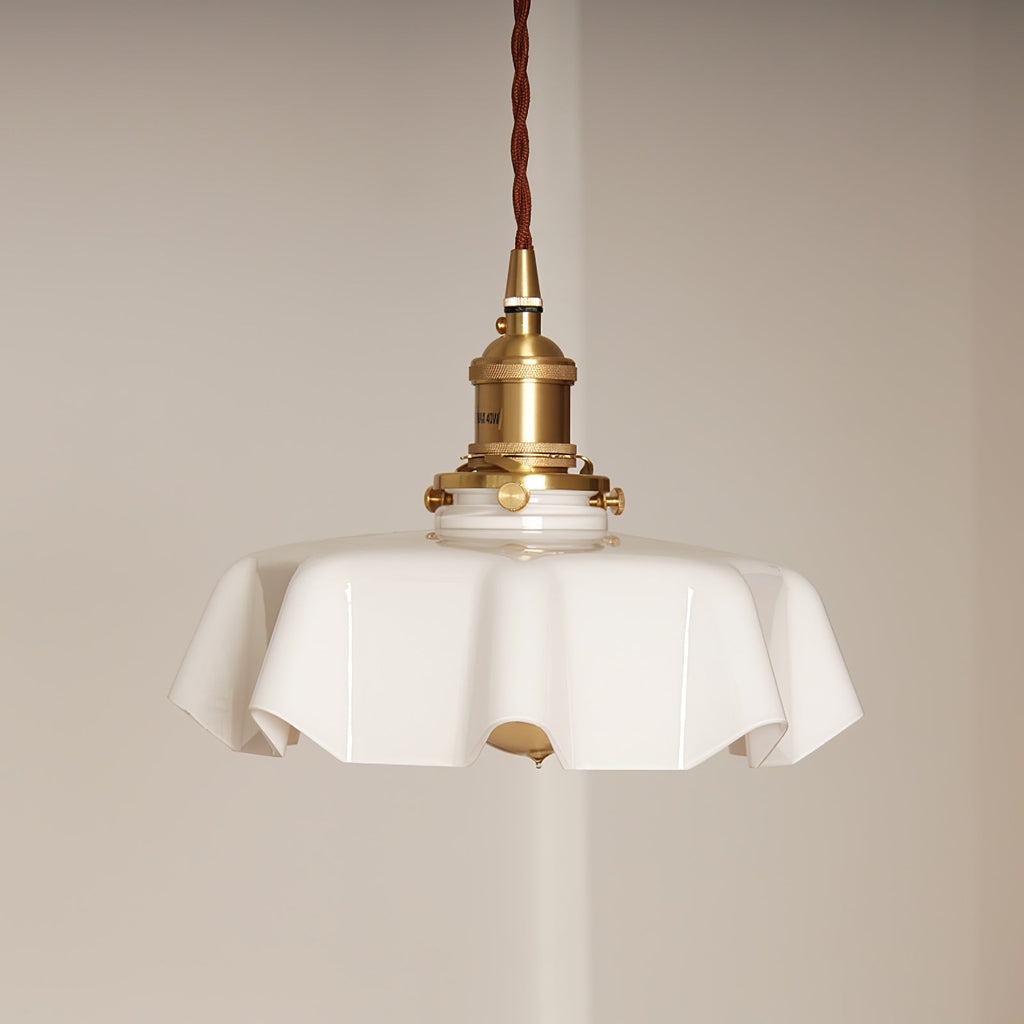 French Ruffled Glass Brass Pendant Light 1-Light