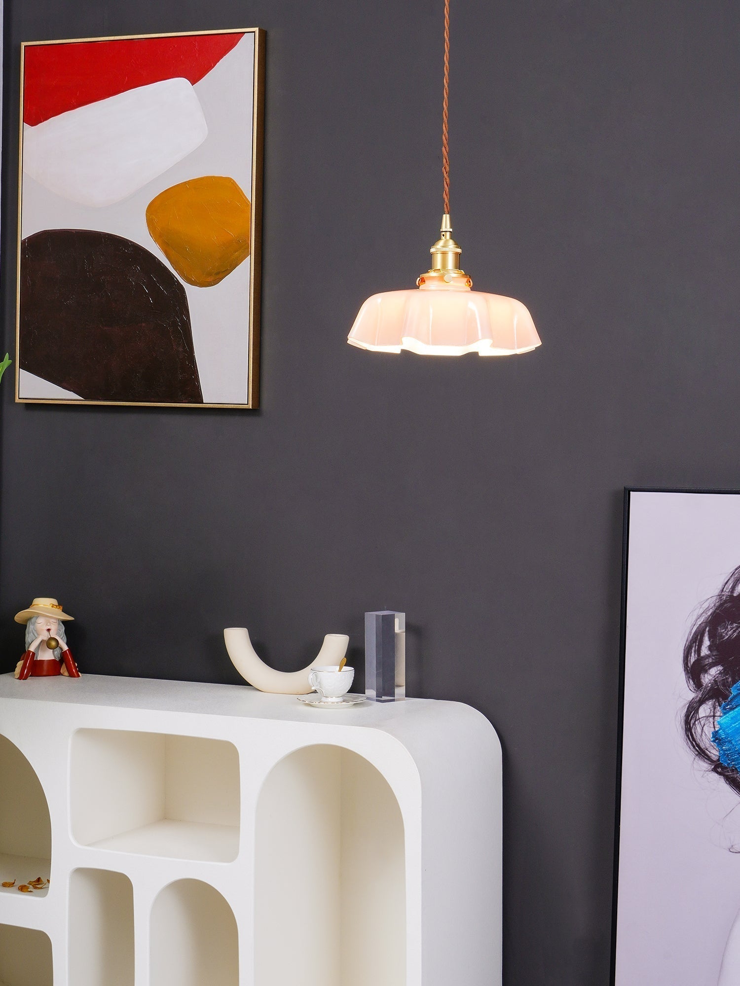 French Ruffled Glass Brass Pendant Light 1-Light