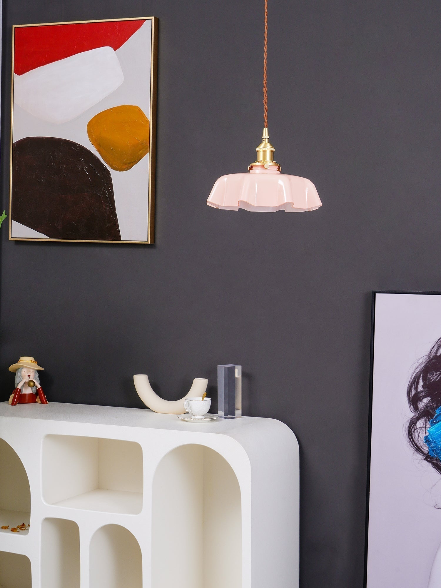 French Ruffled Glass Brass Pendant Light 1-Light