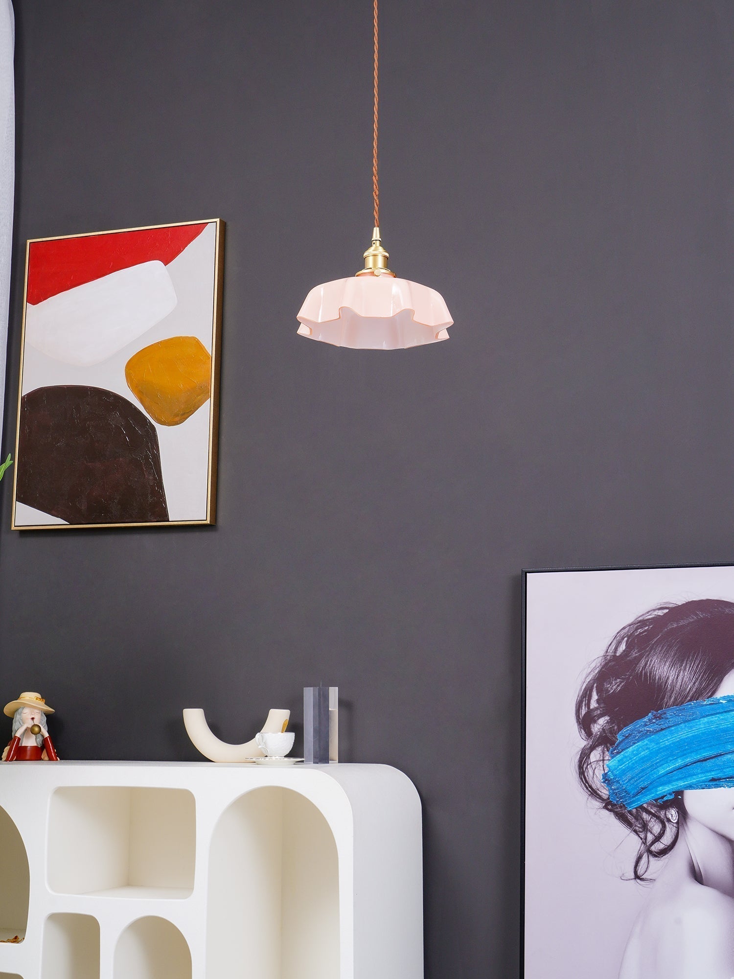 French Ruffled Glass Brass Pendant Light 1-Light