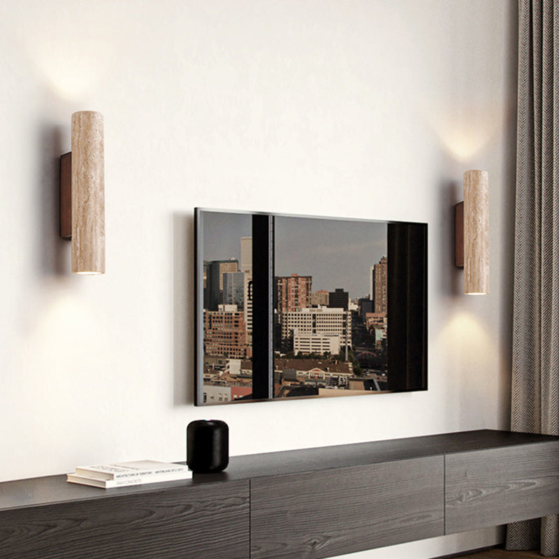 Japandi Travertine Wood Cylinder Wall Sconce LED 1-light