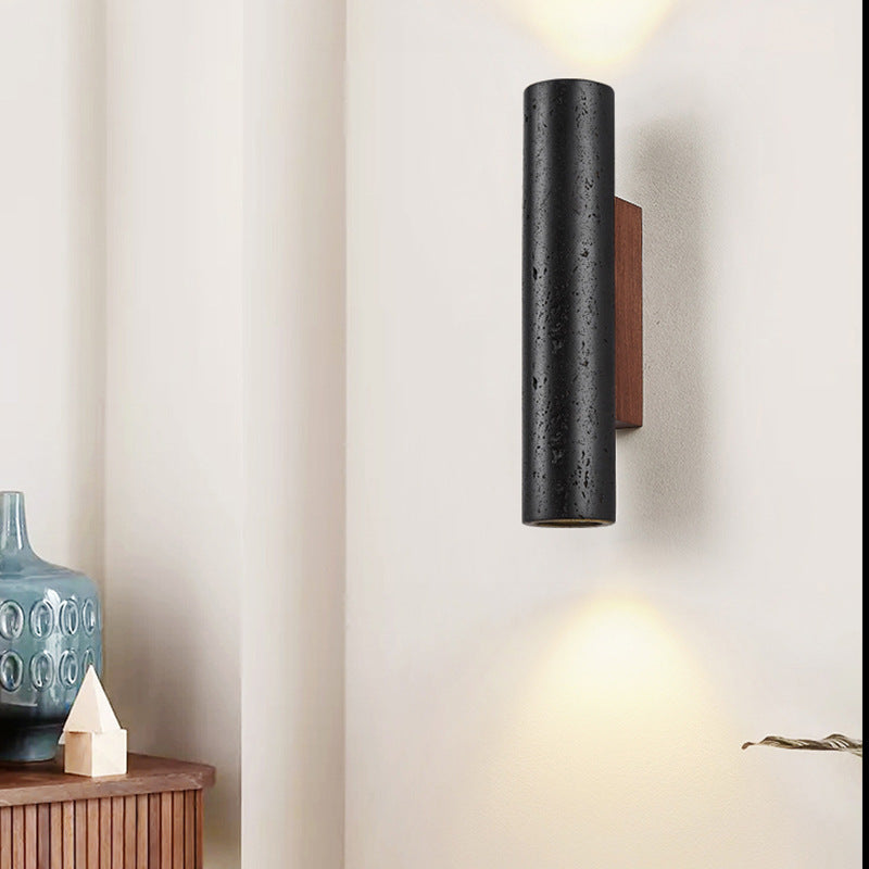 Modern Minimalist Black Travertine Tube Wall Sconce LED 1-Light
