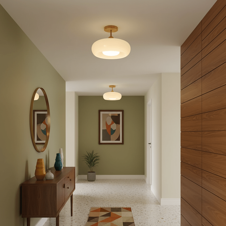 Nordic Wooden Dome Glass LED Semi-Flush Mount Ceiling Light 1-Light