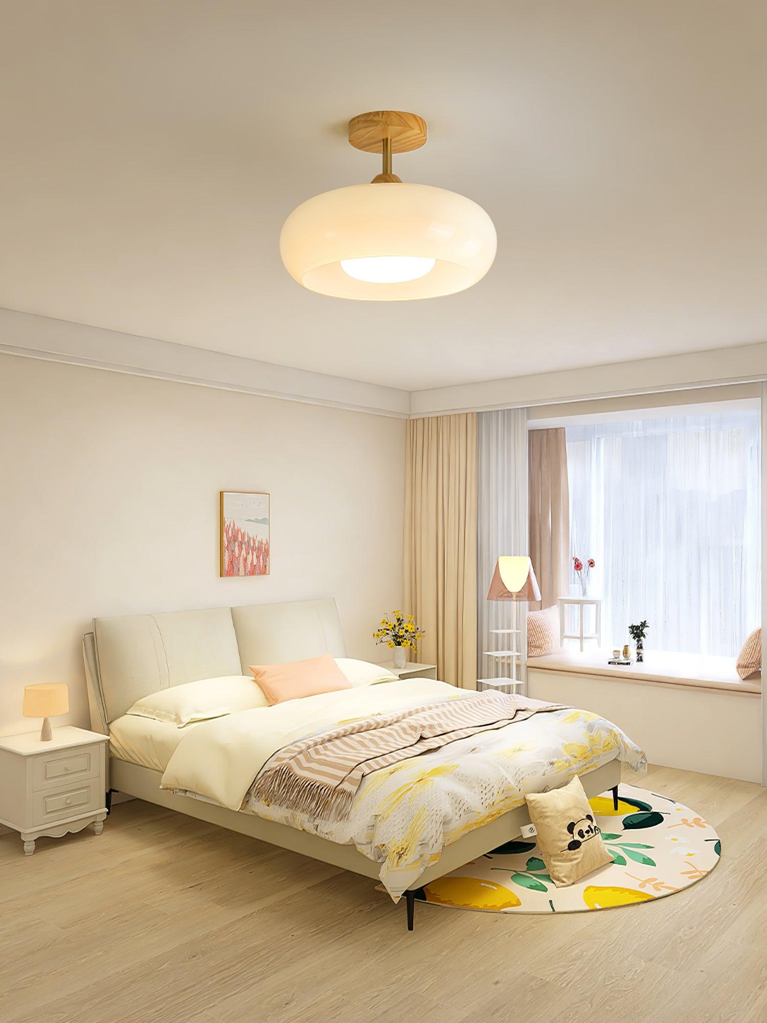 Nordic Wooden Dome Glass LED Semi-Flush Mount Ceiling Light 1-Light