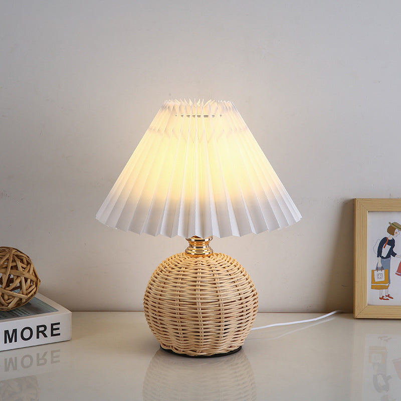 Nordic Rattan Pleated Fabric Conic LED Table Lamp 1-Light