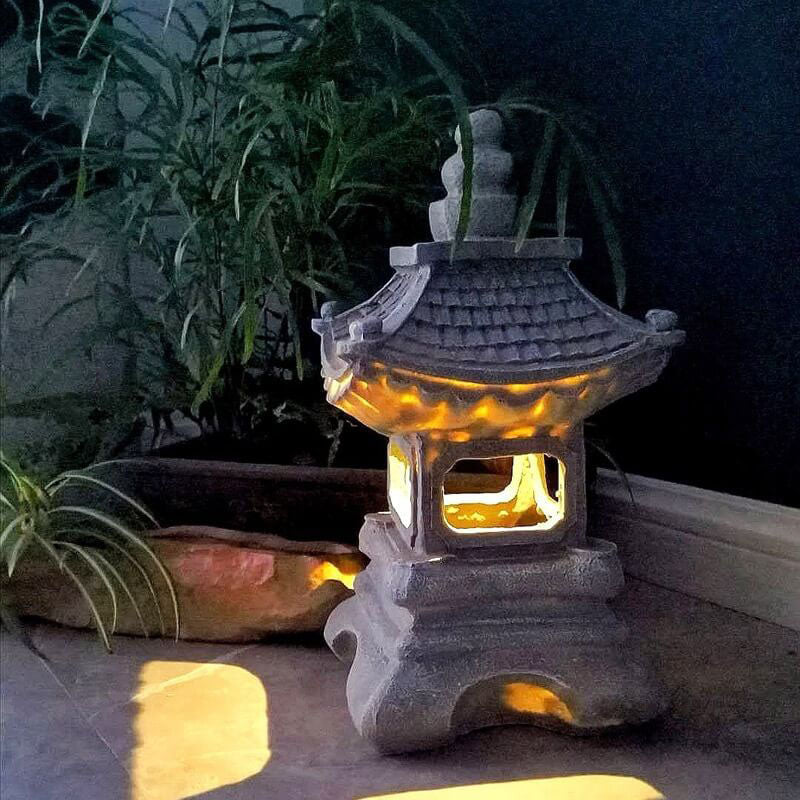 Japanese Zen Solar Pagoda Stone LED Outdoor Garden 1-Light