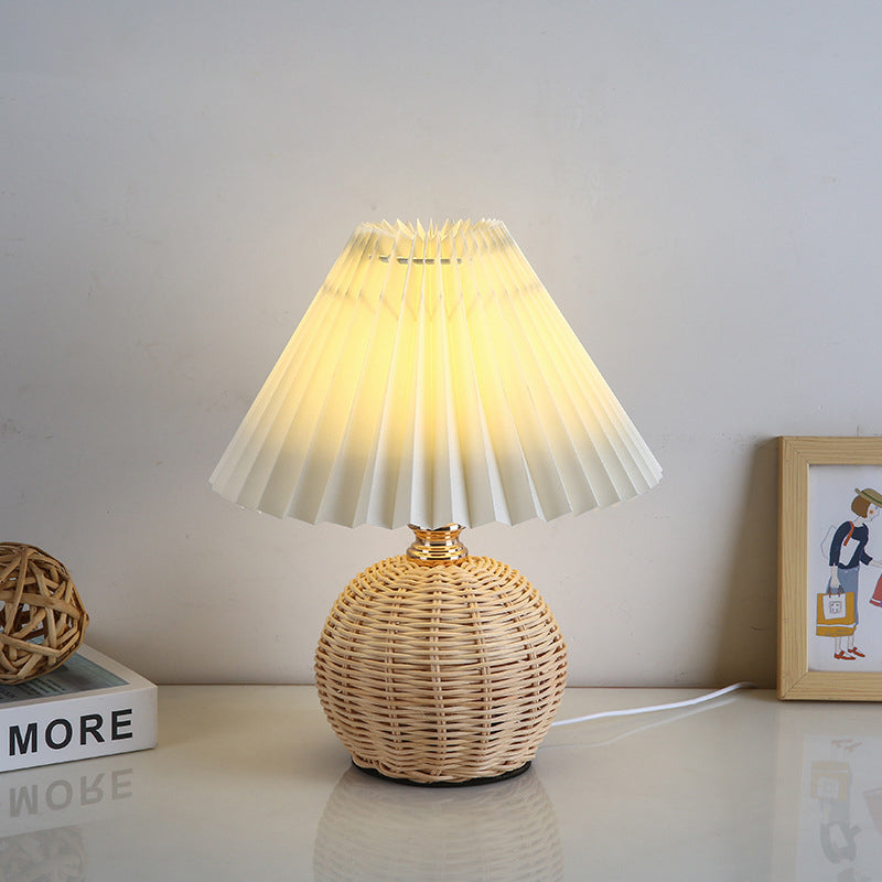 Nordic Rattan Pleated Fabric Conic LED Table Lamp 1-Light