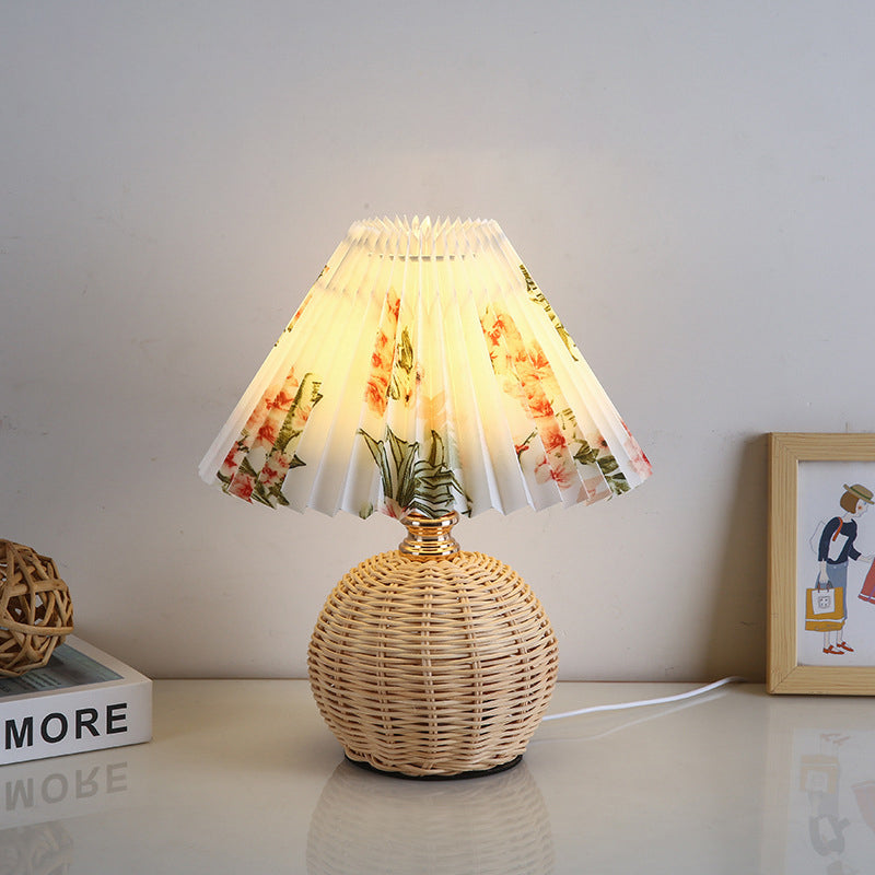 Nordic Rattan Pleated Fabric Conic LED Table Lamp 1-Light