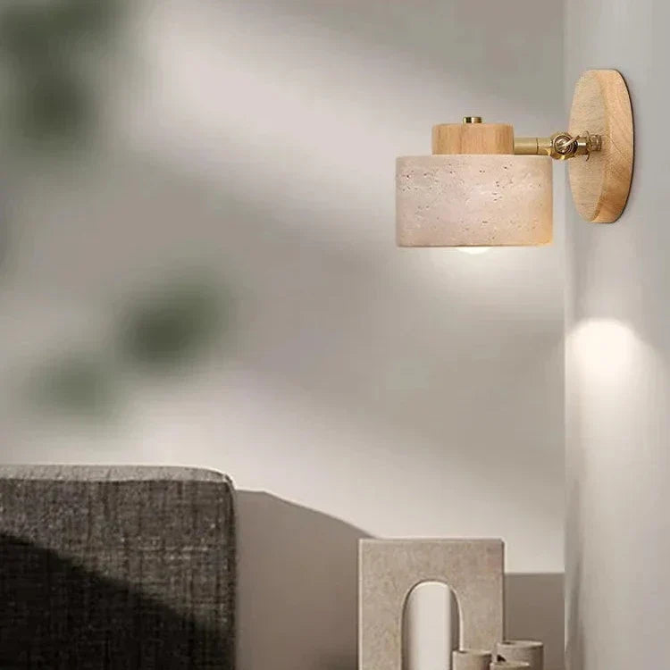 Minimalist Travertine Wood Cylinder Wall Sconce LED 1-light