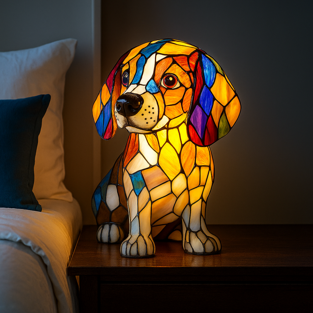 Guili | Stained Glass Dog Shaped Night Lamp with Color Changing LED – Decorative Table Lamp for Bedroom and Living Room