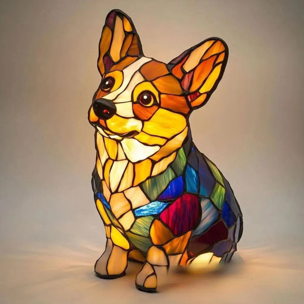 Guili | Stained Glass Dog Shaped Night Lamp with Color Changing LED – Decorative Table Lamp for Bedroom and Living Room