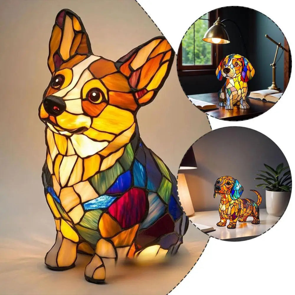 Guili | Stained Glass Dog Shaped Night Lamp with Color Changing LED – Decorative Table Lamp for Bedroom and Living Room